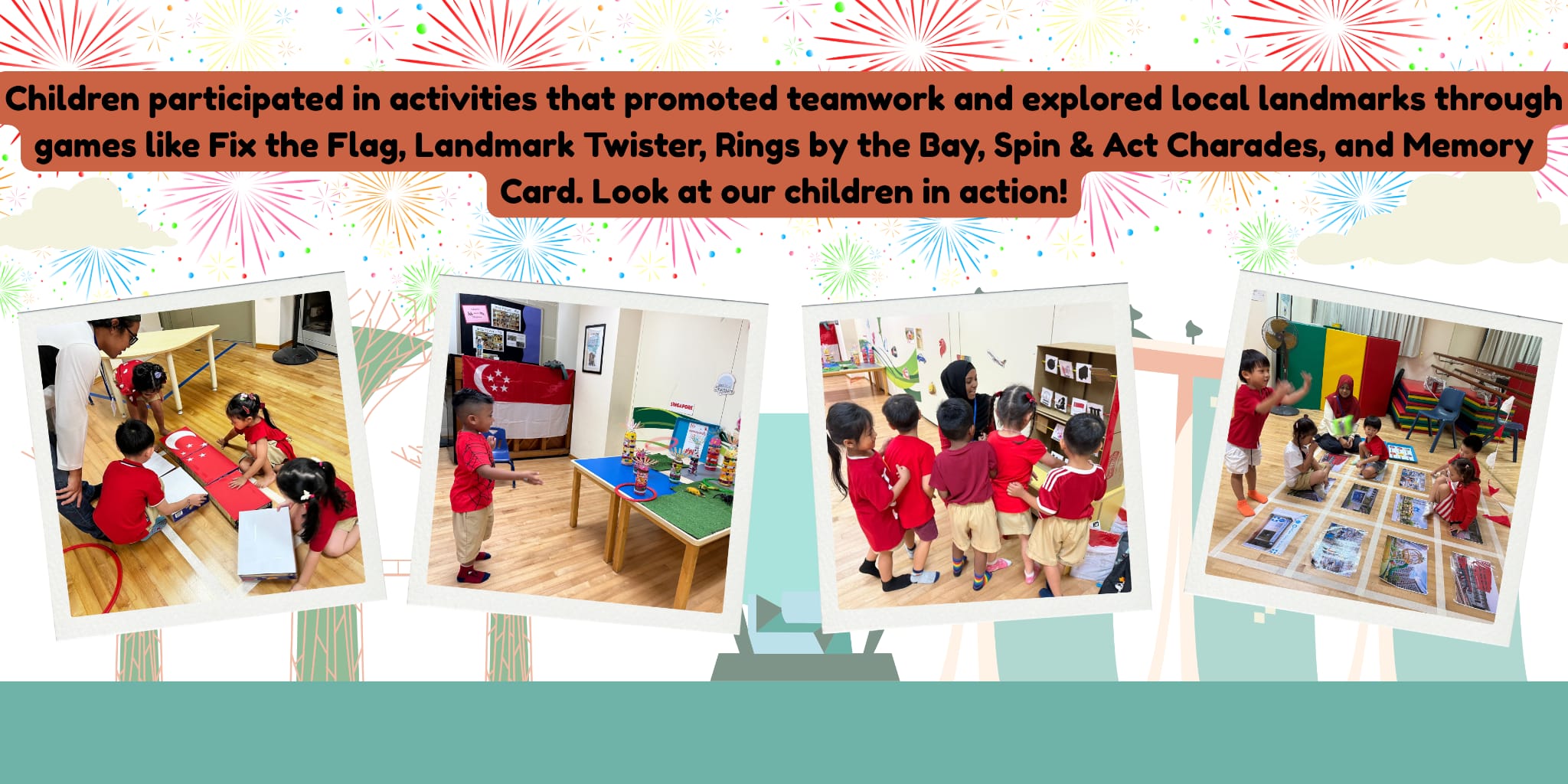 Four photos of young children in red uniforms playing Singapore-themed classroom games like flag fixing and memory cards.