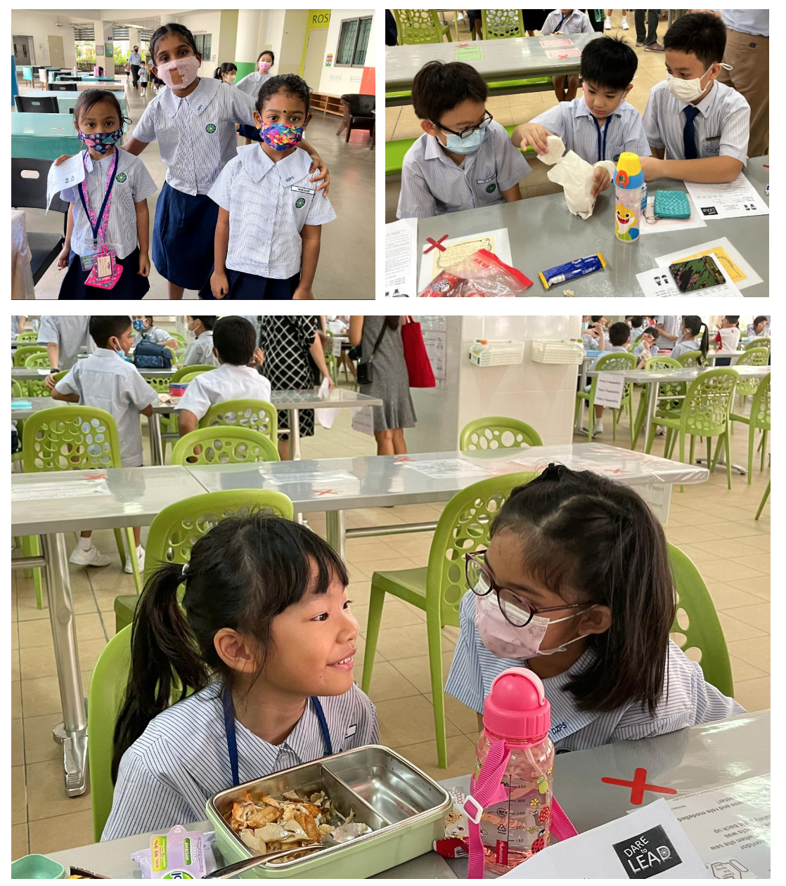 Three photos of young school children in uniforms and face masks eating and socializing in a school cafeteria.