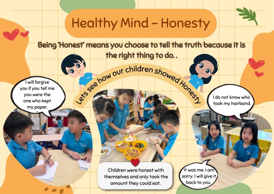 A colorful children's poster titled Healthy Mind Honesty showing young students in blue uniforms with speech bubbles about honest behavior.