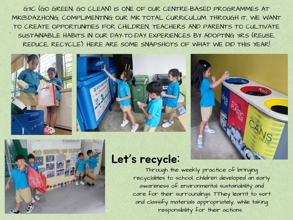 Children in blue uniforms sorting recyclables into bins as part of a Go Green Go Clean school programme.