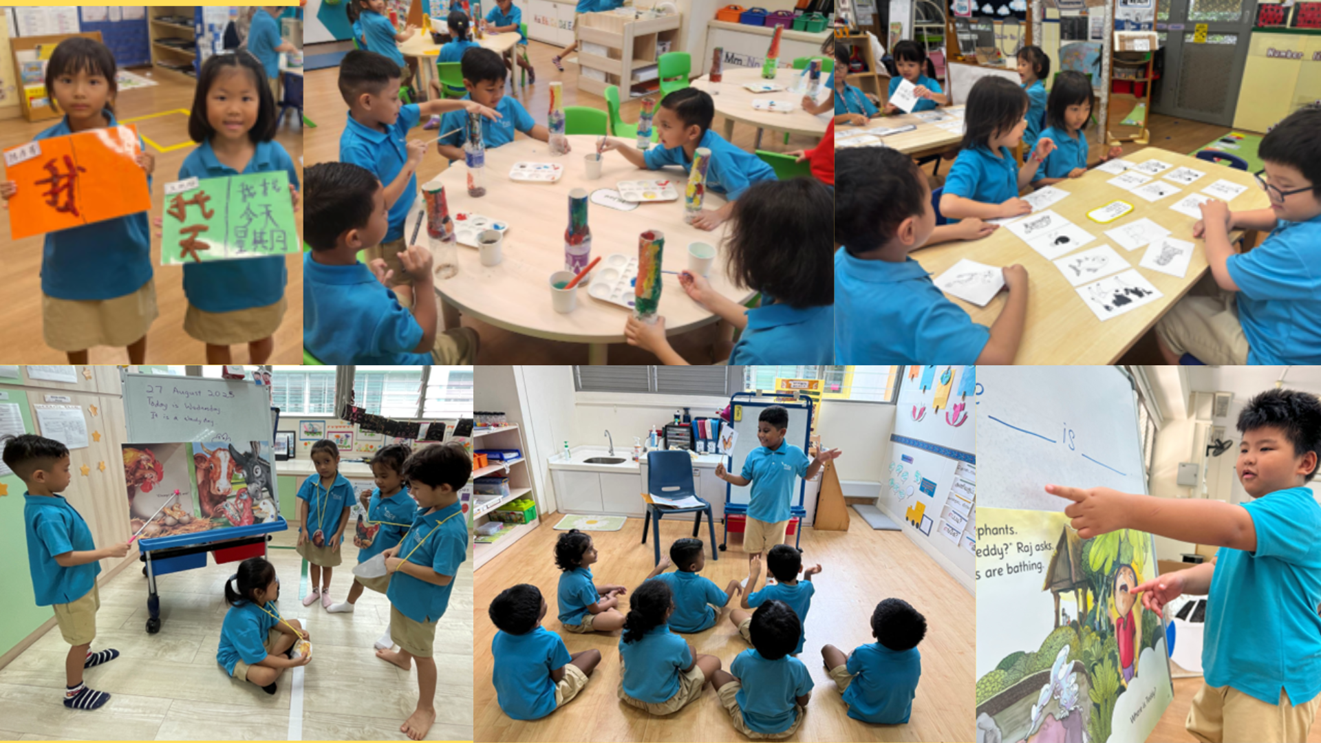 Young children in blue uniforms doing classroom activities including painting, reading, and presentations.