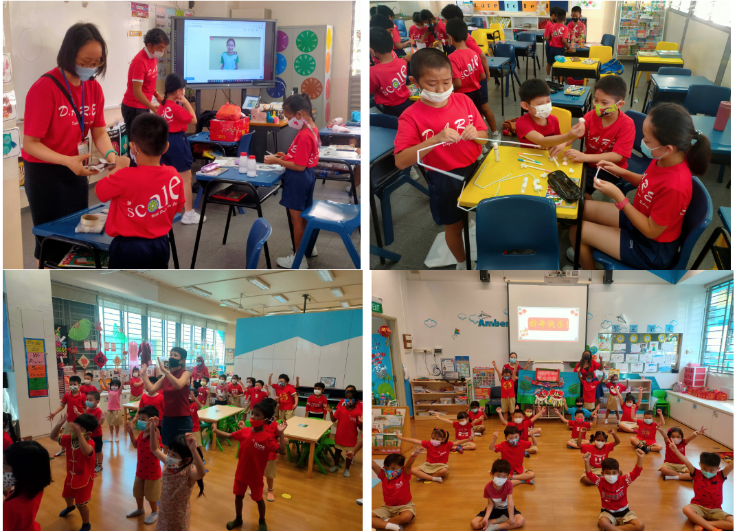 Four classroom scenes showing masked children in red shirts doing activities, crafts, and group exercises.