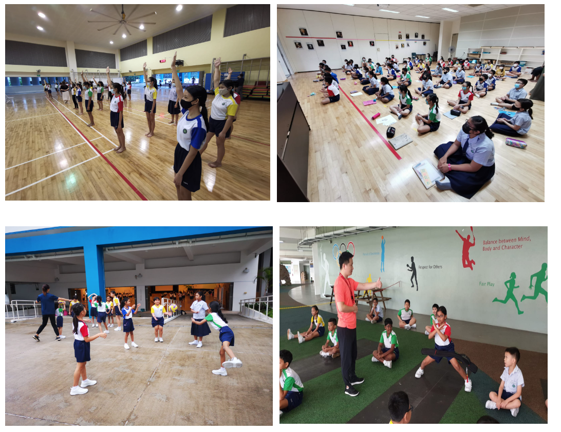 Four photos of school children doing physical education activities indoors and outdoors with teachers.
