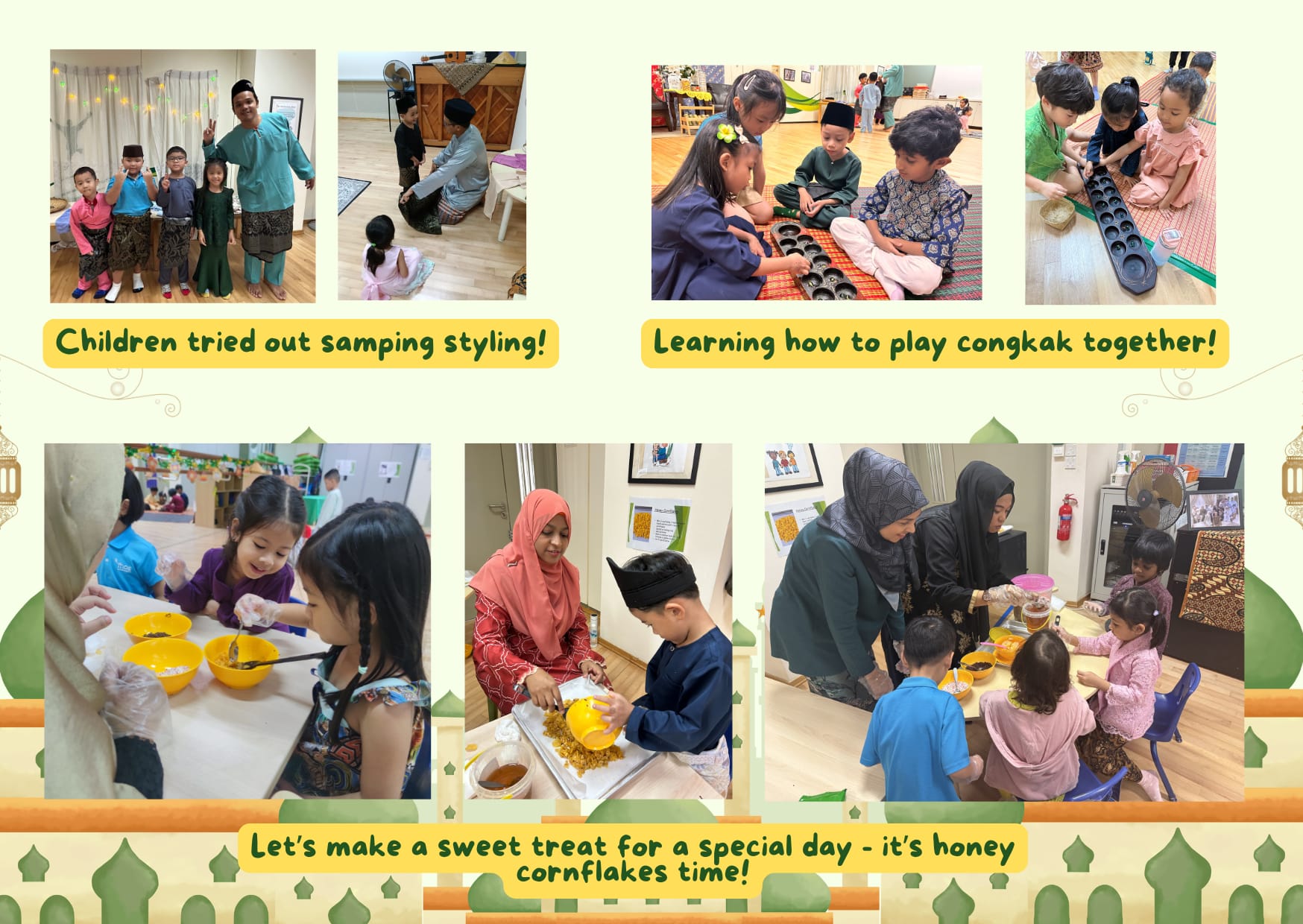 Children in traditional Malay attire try samping styling, play congkak, and make honey cornflakes together.