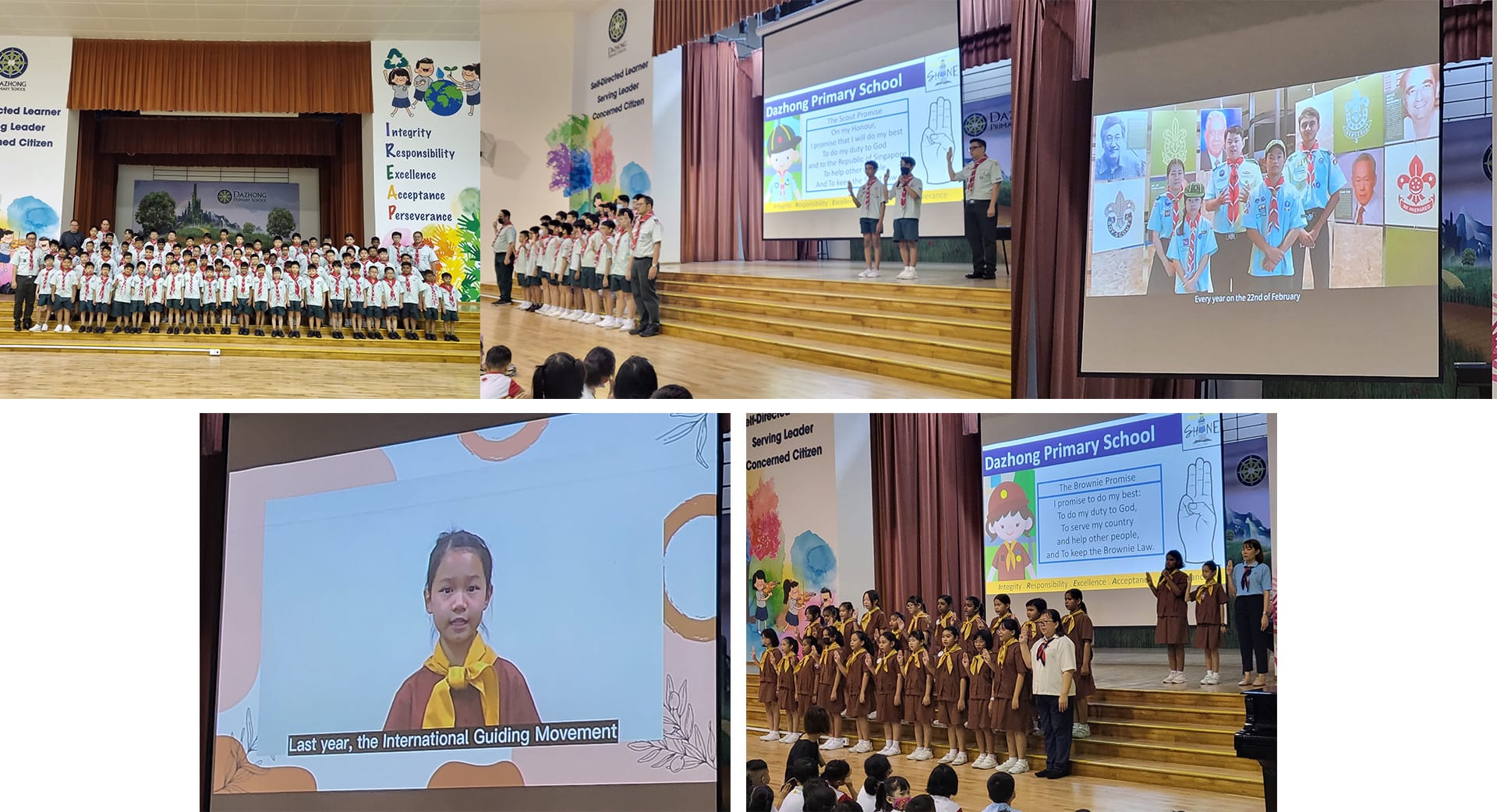 Dazhong Primary School students in scout and brownie uniforms on stage during an assembly with presentation slides.