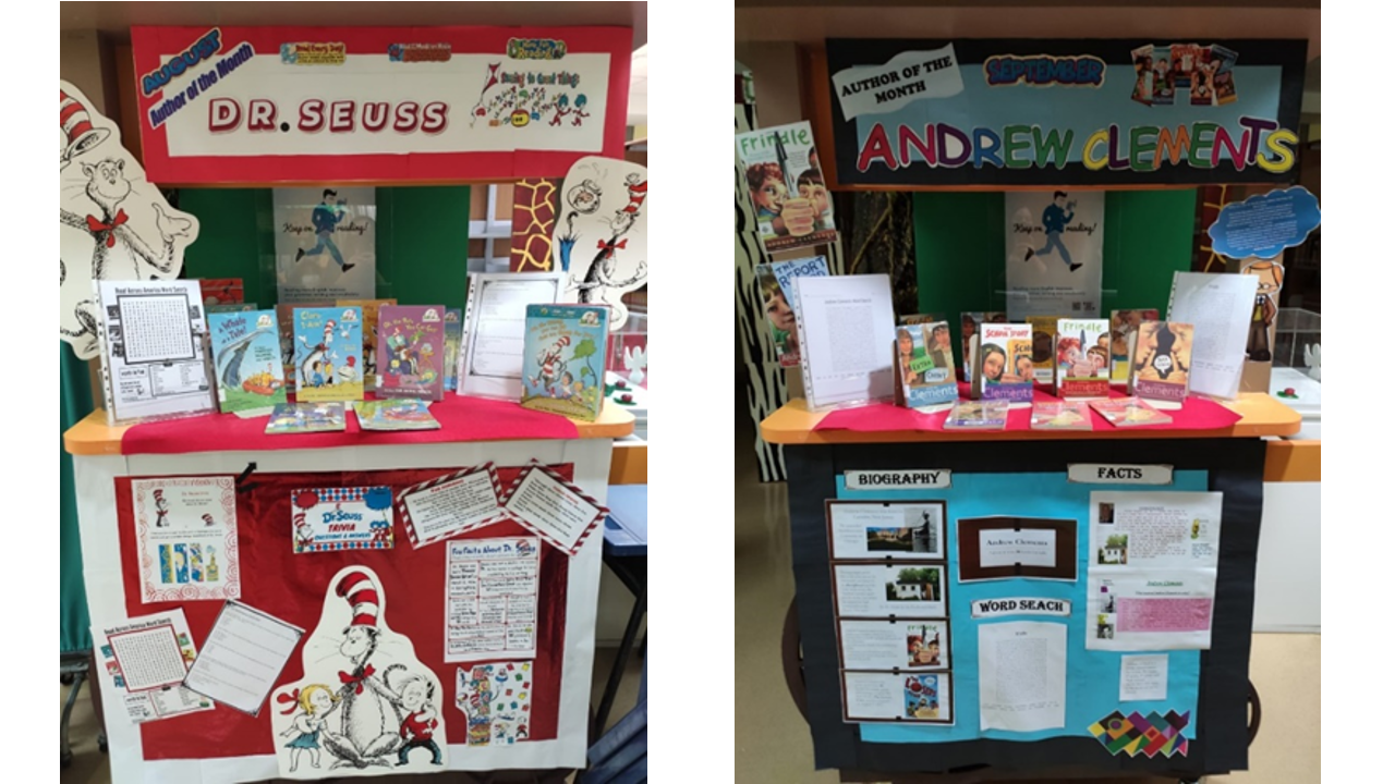 Two school library displays featuring Author of the Month: Dr. Seuss on the left and Andrew Clements on the right.
