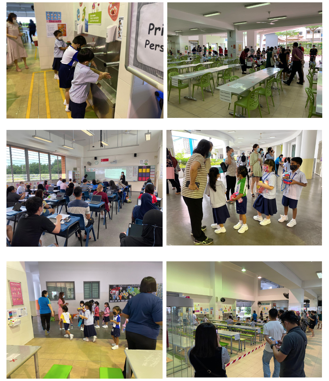 Six photos showing a school open house with children and adults in classrooms, hallways, and a canteen.