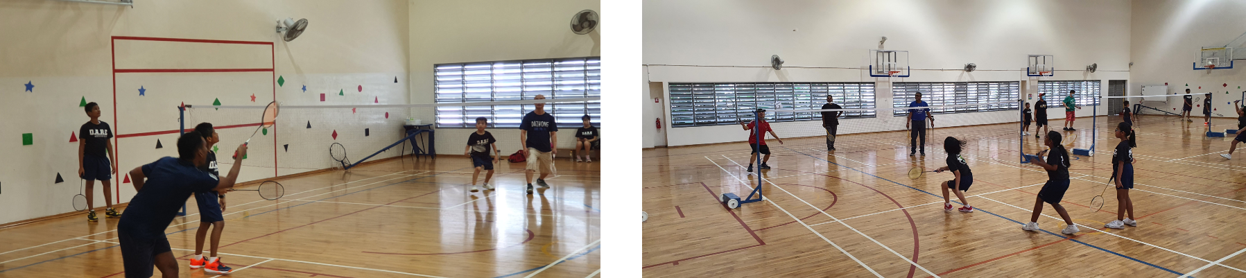 Two side-by-side photos of kids and adults playing badminton indoors on a wooden gymnasium court.