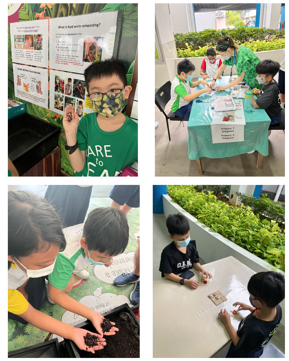 Four photos of masked children doing school activities: holding worms, crafting at a table, and working outdoors near plants.