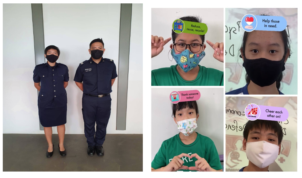 Two masked police officers stand beside four masked children holding signs with positive community messages.