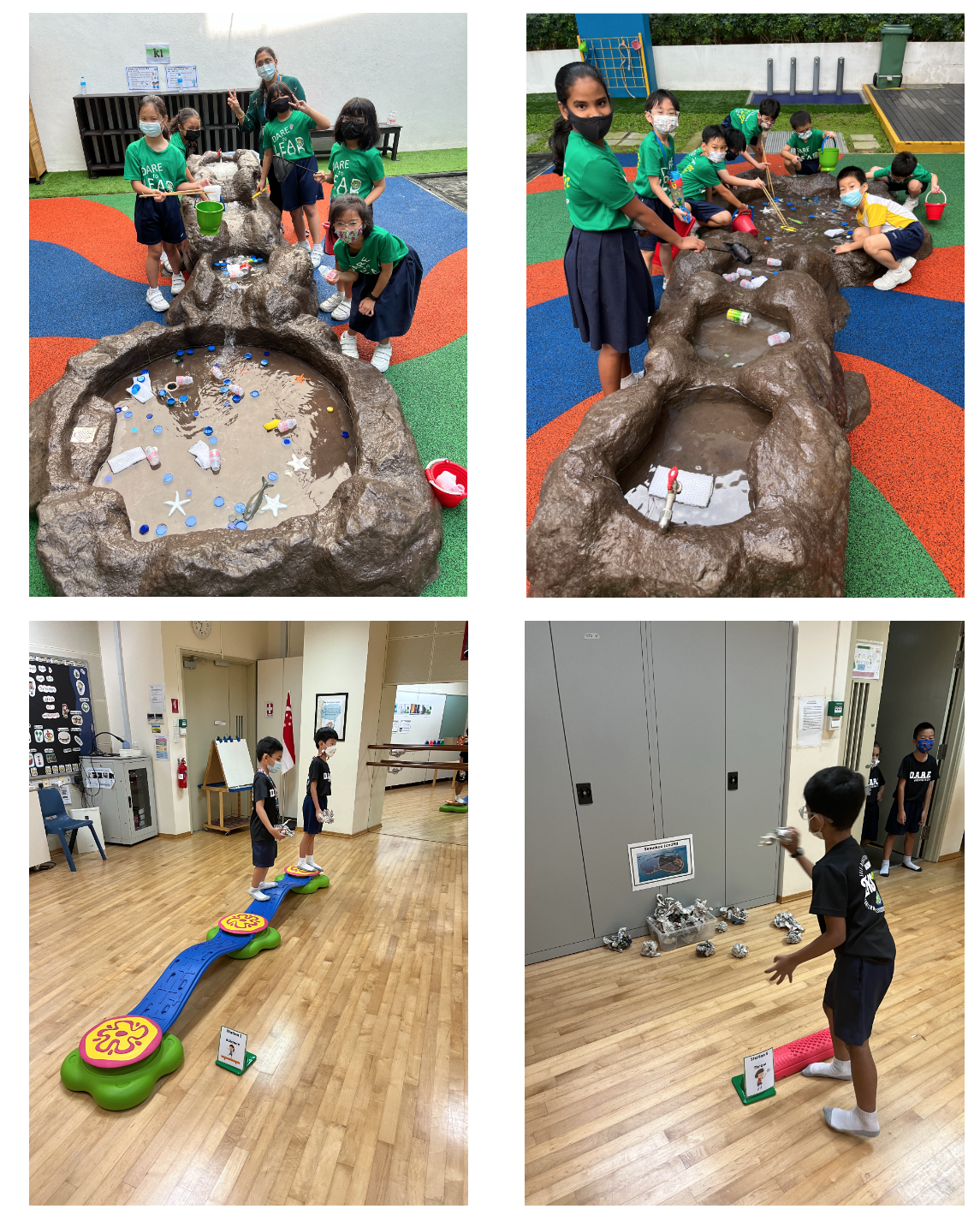 Children in green shirts clean a rock pool outdoors and play indoor games on a wooden floor.