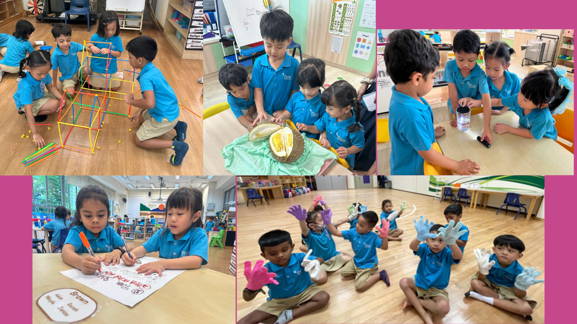 Young children in blue uniforms doing classroom activities: building with straws, examining durian, writing, and wearing colorful gloves.