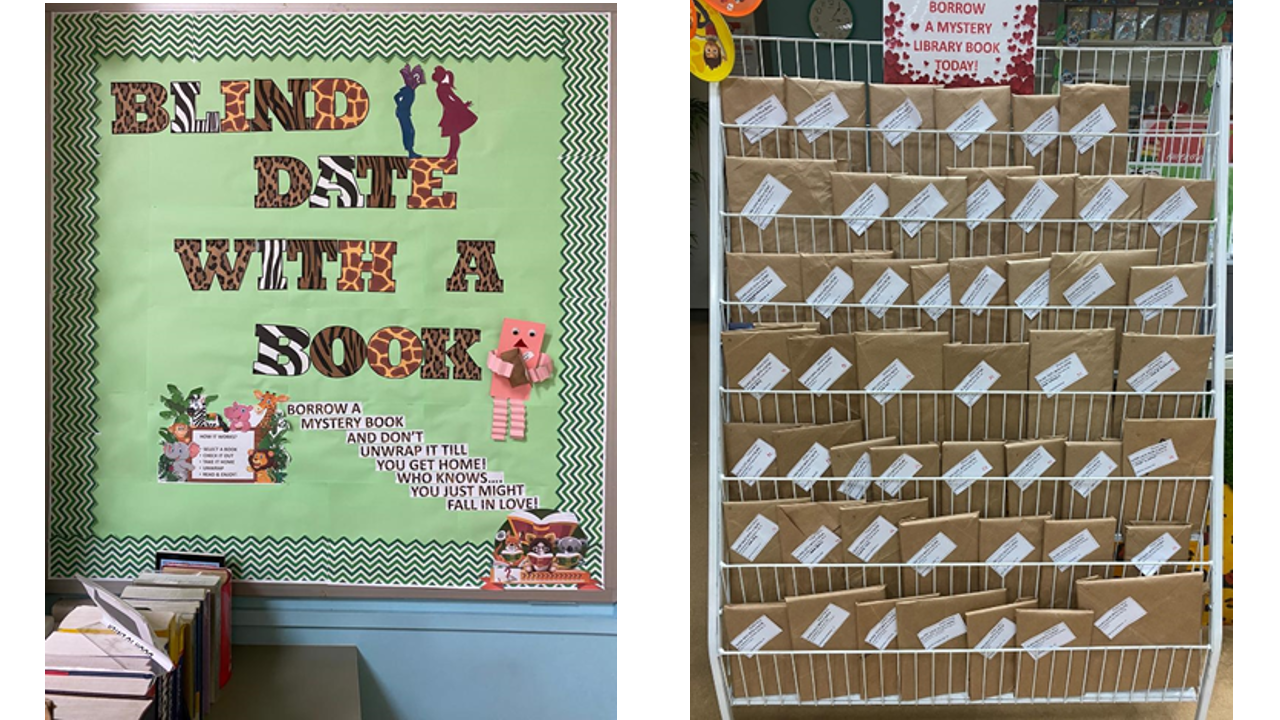 A "Blind Date with a Book" bulletin board beside a wire rack filled with brown paper-wrapped mystery library books.