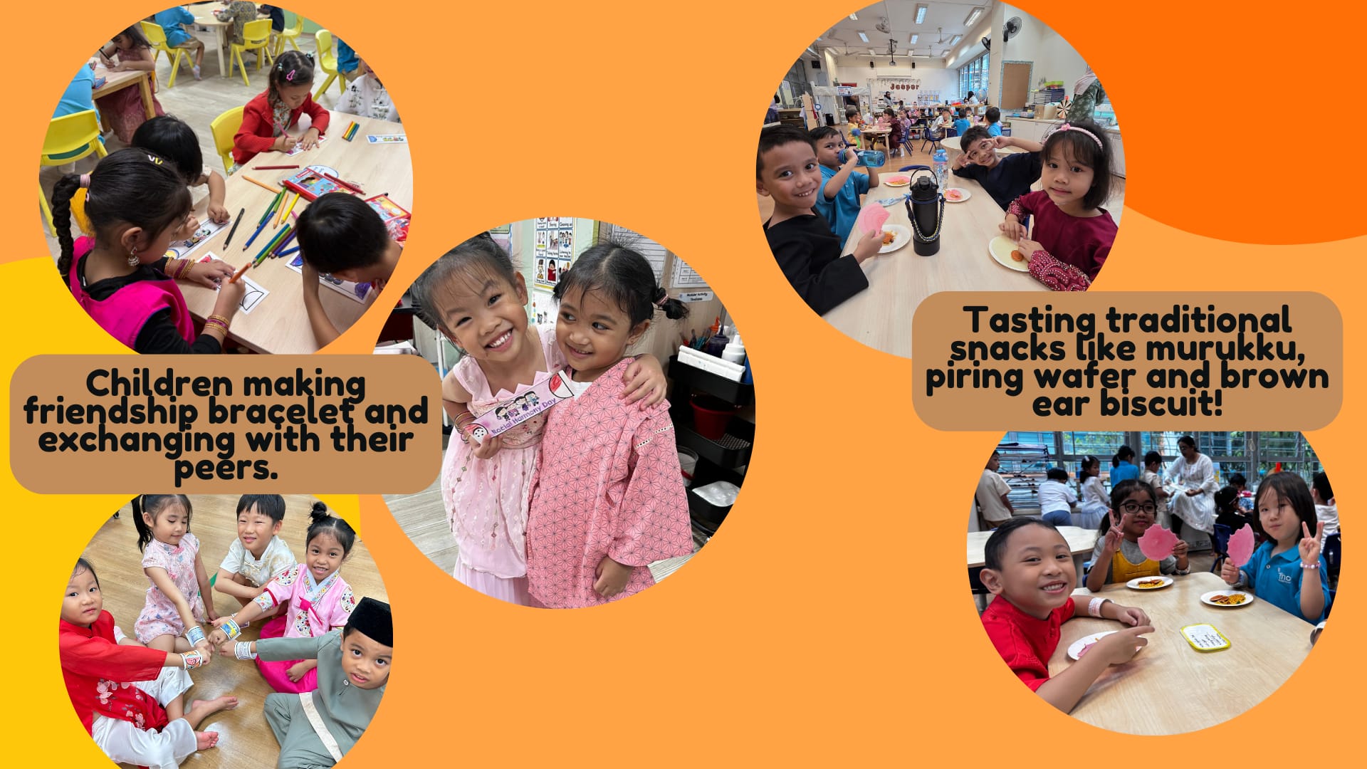 Children making friendship bracelets, hugging, and tasting traditional snacks like murukku at a multicultural school event.