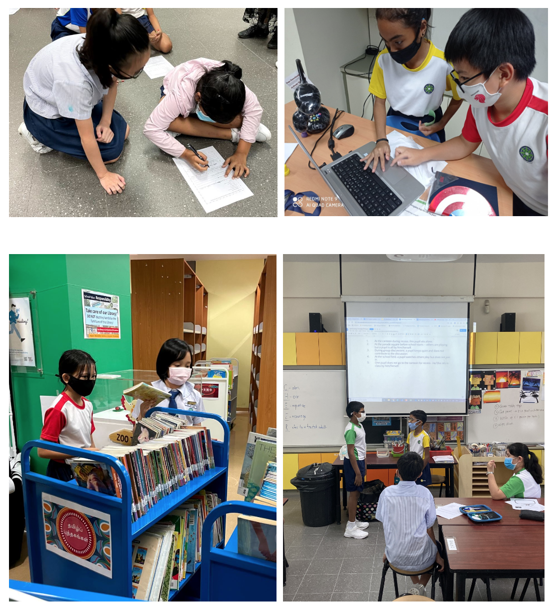 Four scenes of masked students doing schoolwork: writing on floor, using a laptop, browsing library books, and presenting in class.