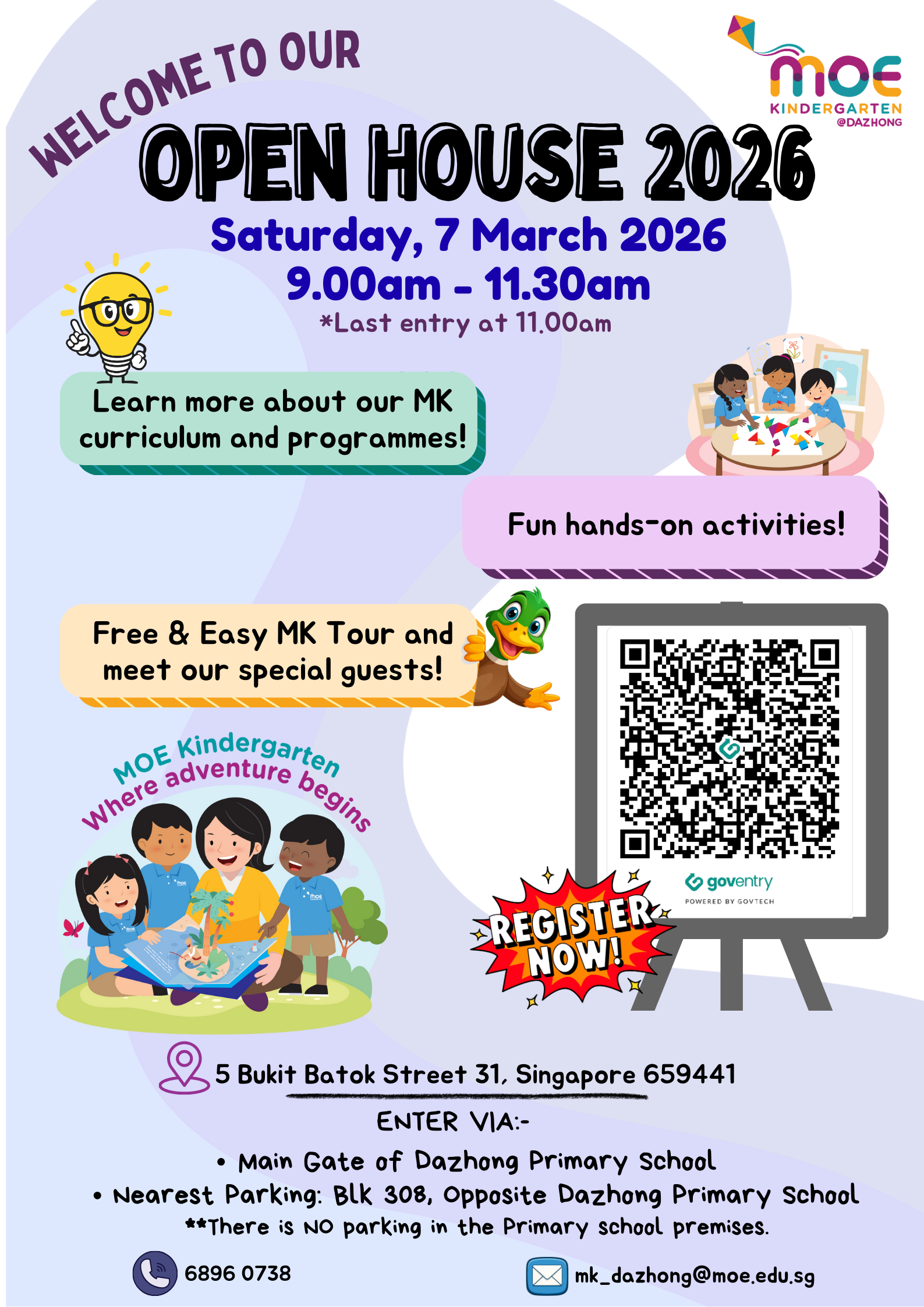 MOE Kindergarten at Dazhong Open House 2026 flyer for 7 March, 9am-11:30am, with QR code to register.