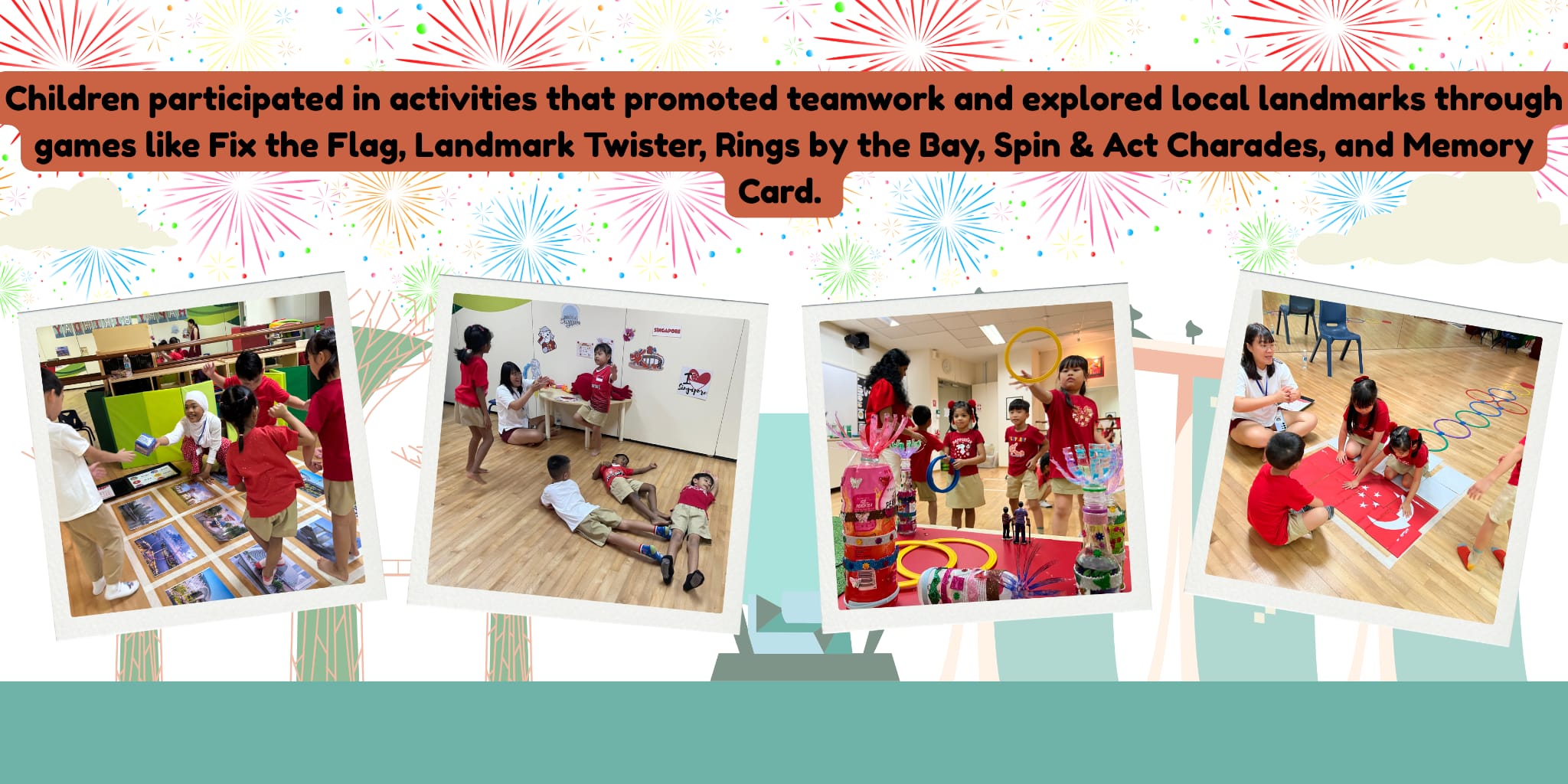 Four photos show children in red uniforms playing teamwork games like Twister, ring toss, and flag puzzles indoors.