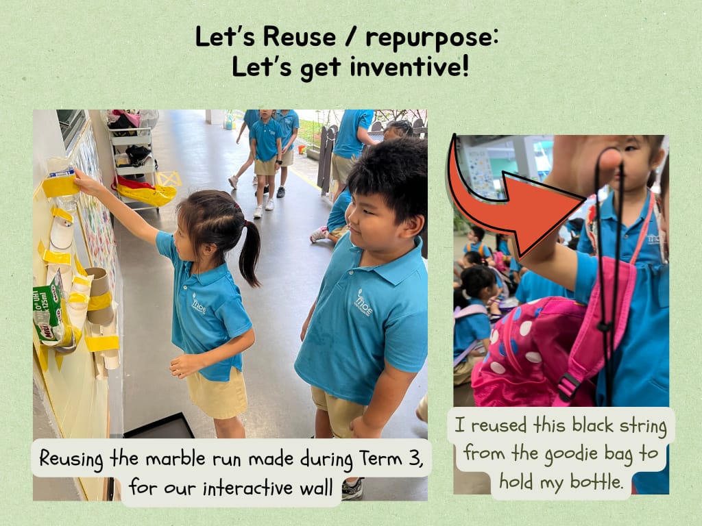 Two children in blue uniforms reuse a marble run on a wall and a string from a goodie bag as a bottle holder.