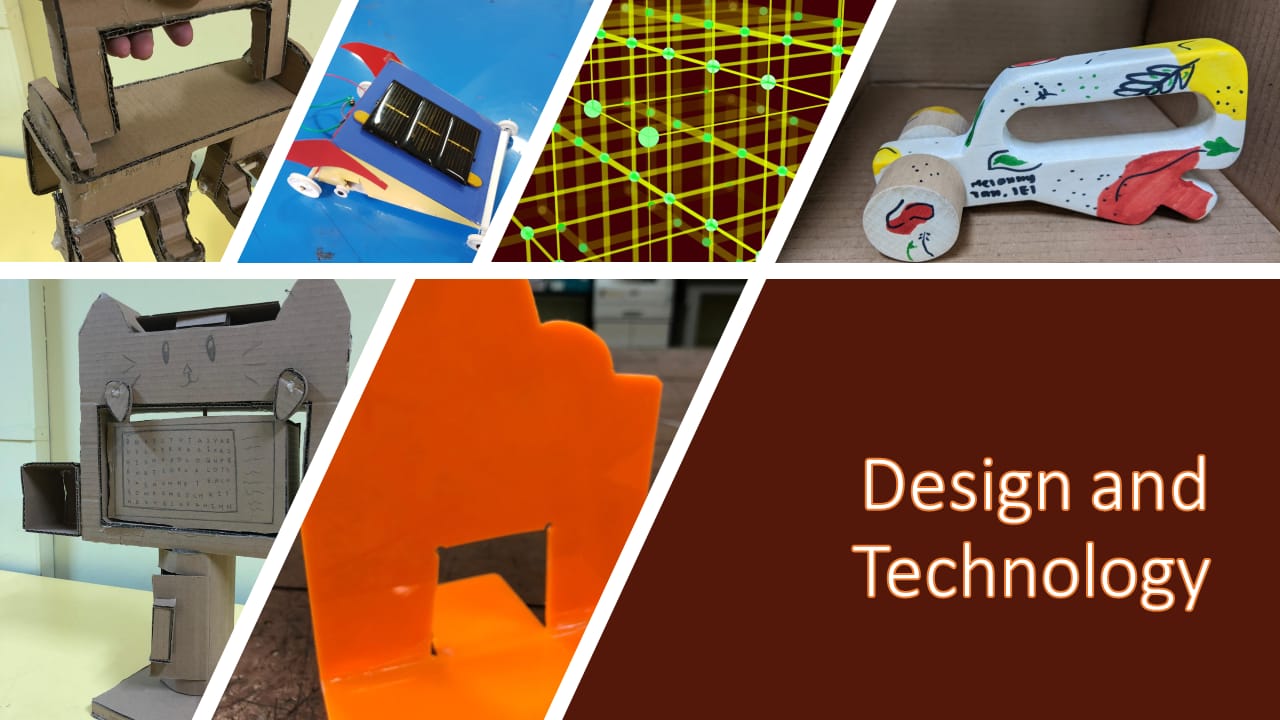Collage of student Design and Technology projects including cardboard models, a solar car, 3D grid, and painted wooden toy.