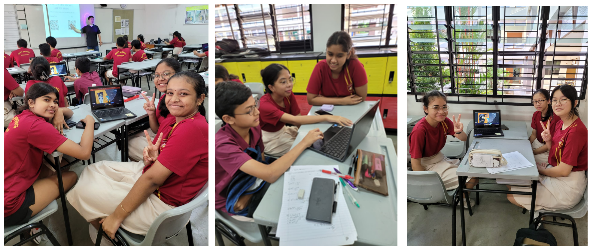 Students work together in a classroom using laptops to solve higher-order thinking questions during a collaborative learning activity.