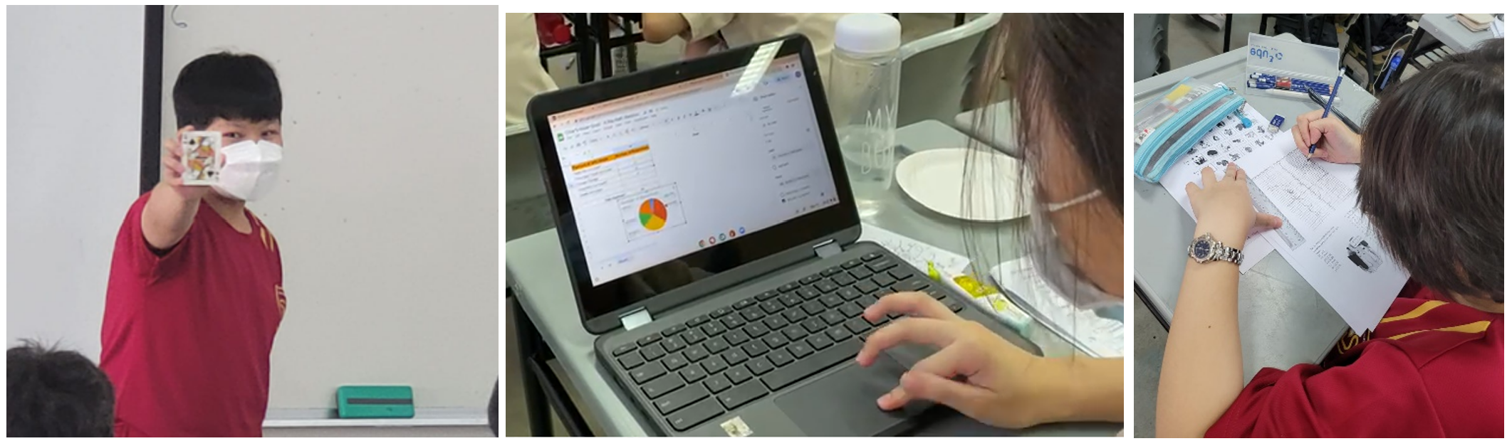 Students participate in lesson activities, including presenting solutions, analyzing data on a laptop, and completing worksheets.