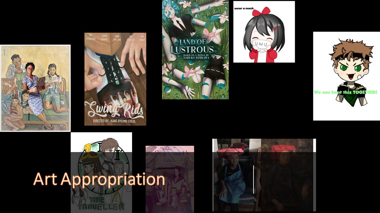 Collage of artwork and movie posters including Swing Kids and Land of Lustrous, with text reading Art Appropriation.