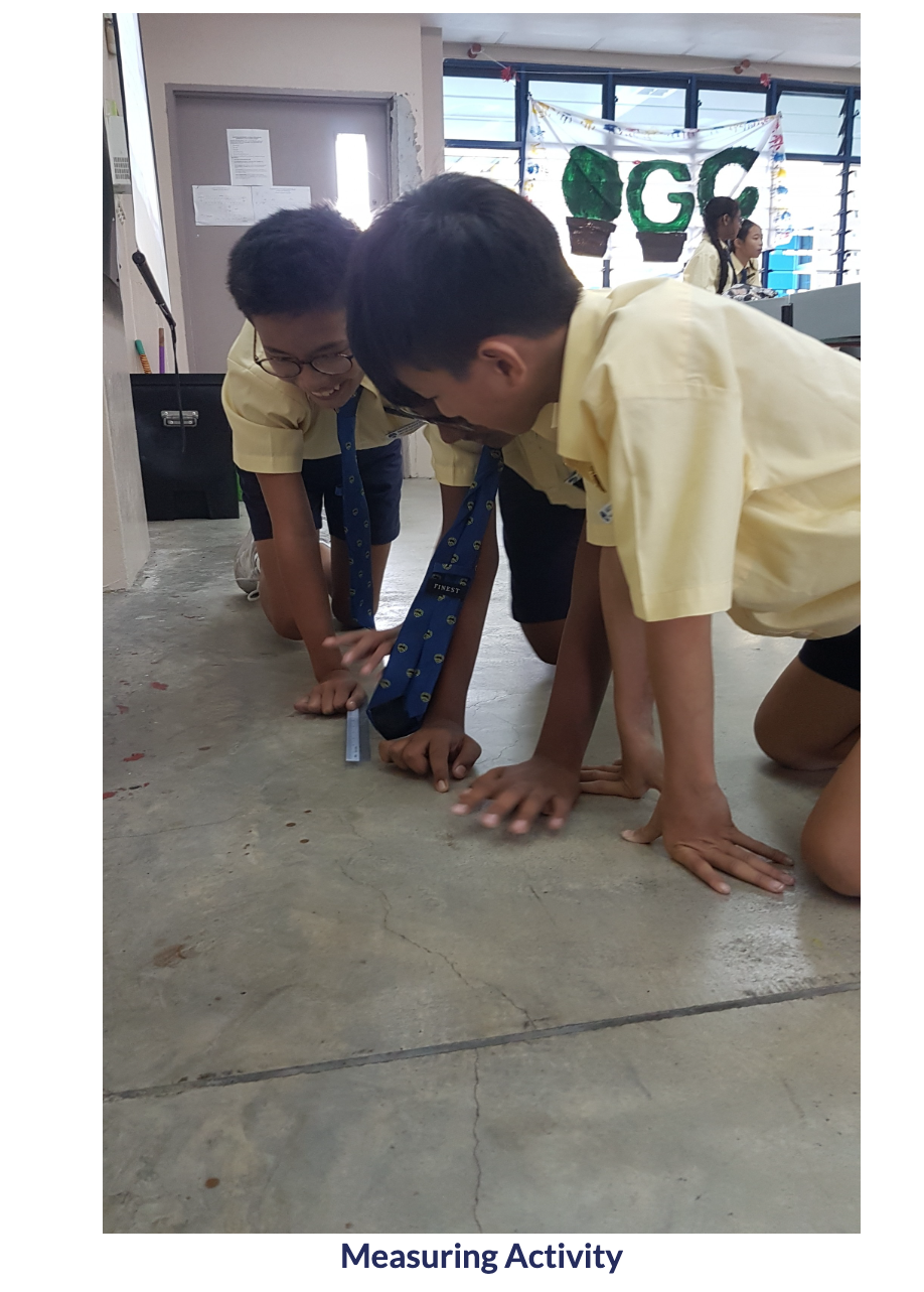 Three students in yellow uniforms kneel on a concrete floor, using a ruler to measure during a classroom activity.