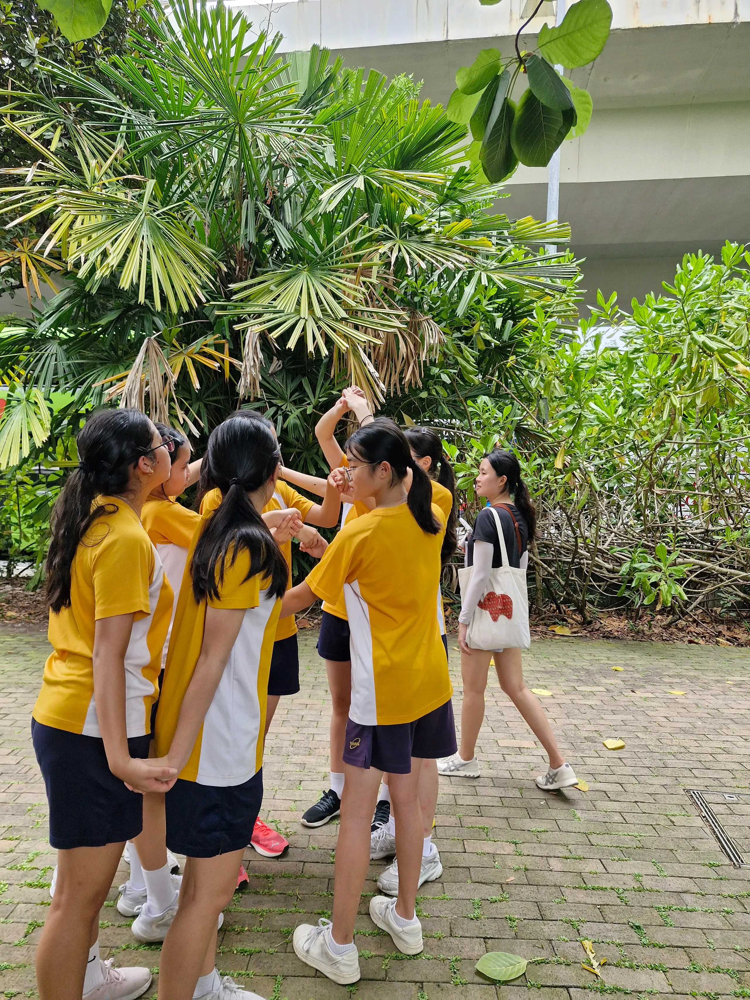 A group of six female student leaders clustered closely together on a brick-paved pathway while participating in a team-building activity during their training camp. Wearing yellow and white school sports t-shirts with dark shorts, they are holding and untangling each other's hands to solve a "human knot" puzzle. Lush green tropical trees and broad-leaf palm bushes border the path behind them, while another camp facilitator wearing a black t-shirt and holding a canvas bag walks past in the background under a concrete overpass structure.