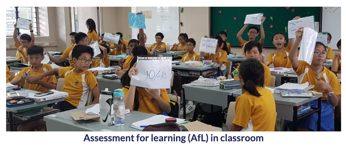 Students in yellow uniforms hold up papers with scores, one showing 10/10, during a classroom assessment activity.