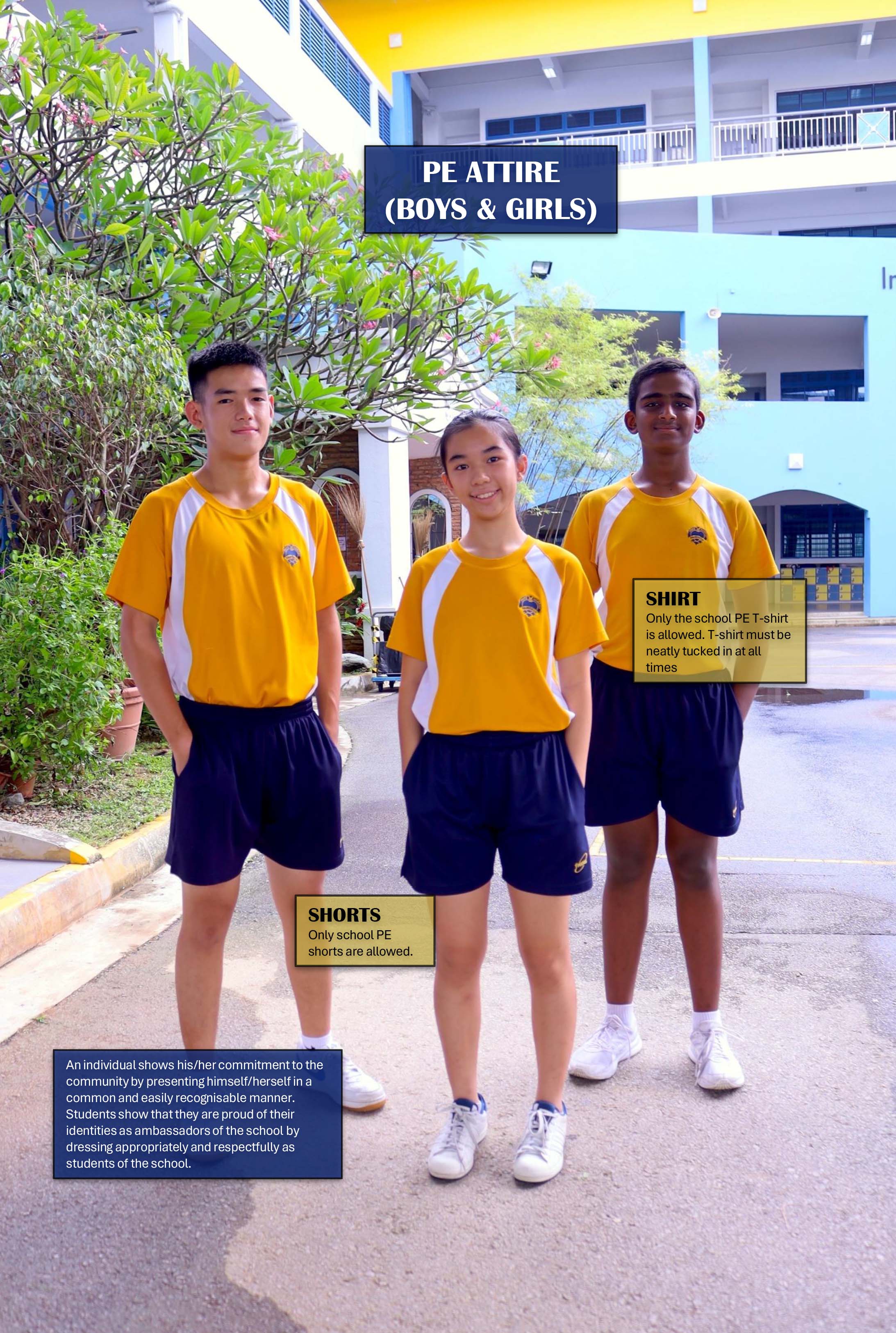 Three students in yellow and navy school PE uniforms stand outdoors, labeled as the required PE attire for boys and girls.