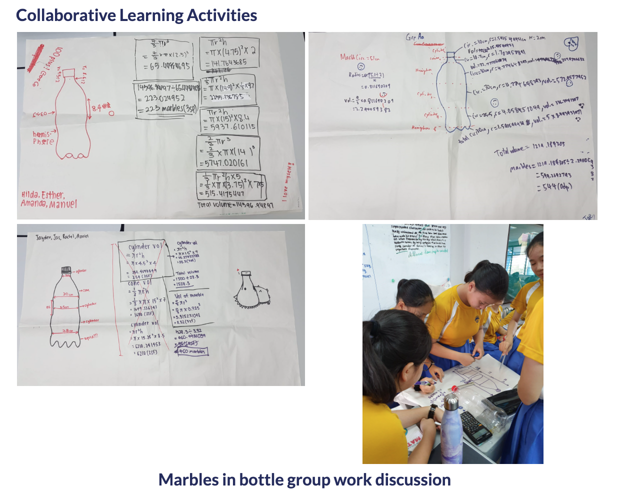 Students in yellow uniforms work on math calculations about bottle volumes on large paper sheets.