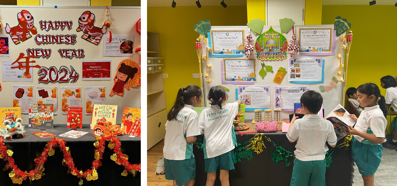 Two school display boards celebrating Chinese New Year 2024 and Hari Raya, with Fern Green Primary School students viewing the Hari Raya exhibit.