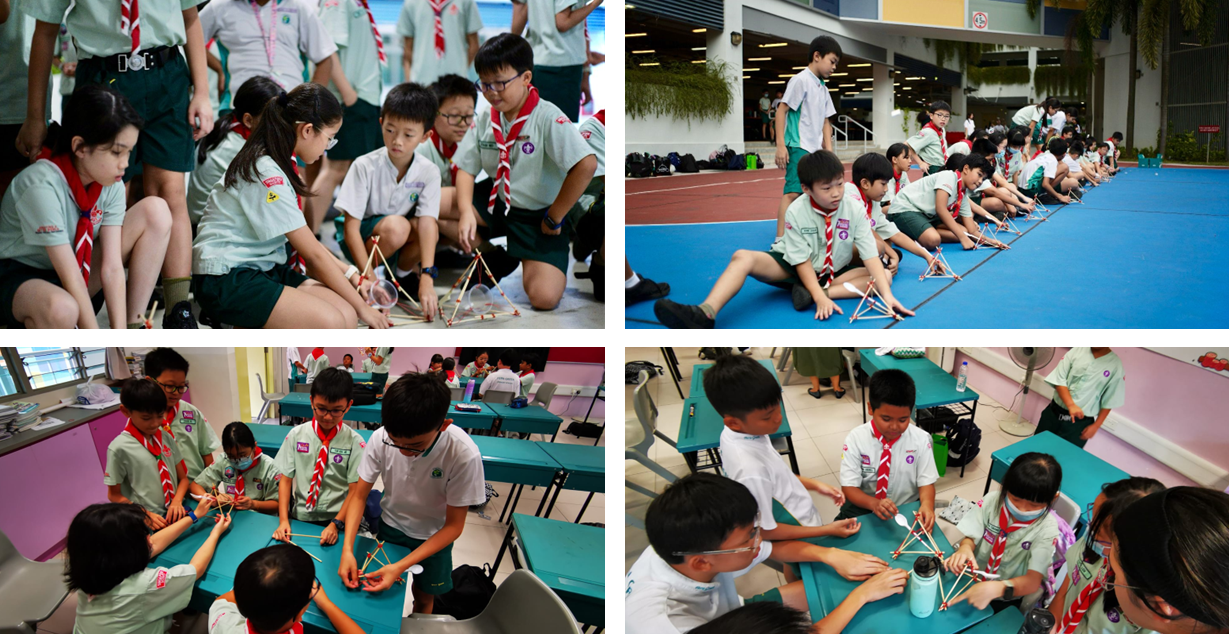 Four scenes of young scouts in uniforms building small wooden stick structures indoors and outdoors.