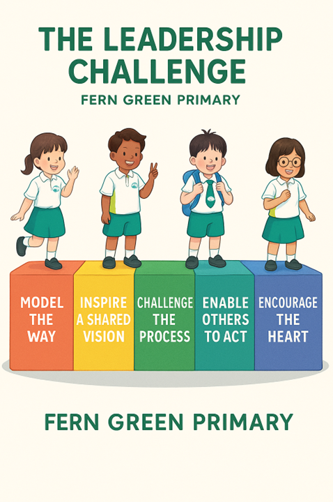 Poster showing four cartoon schoolchildren standing on colored blocks labeled with five leadership principles for Fern Green Primary.