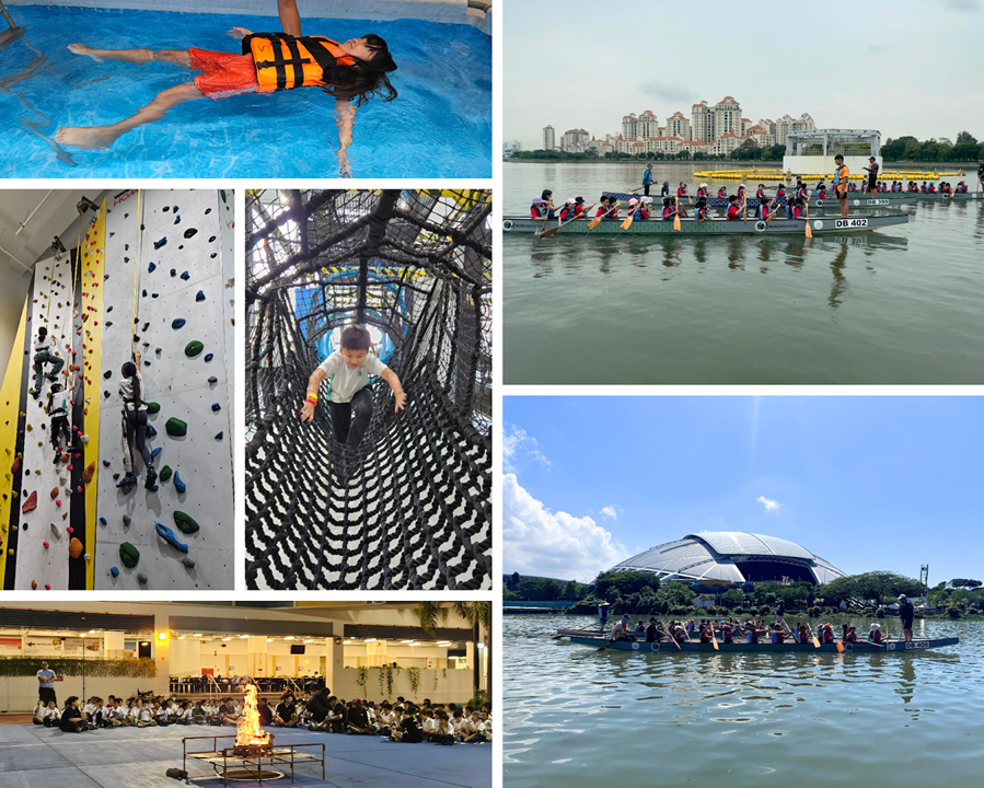 Collage of children doing activities: swimming, rock climbing, net tunnel, dragon boat racing, and a campfire gathering.