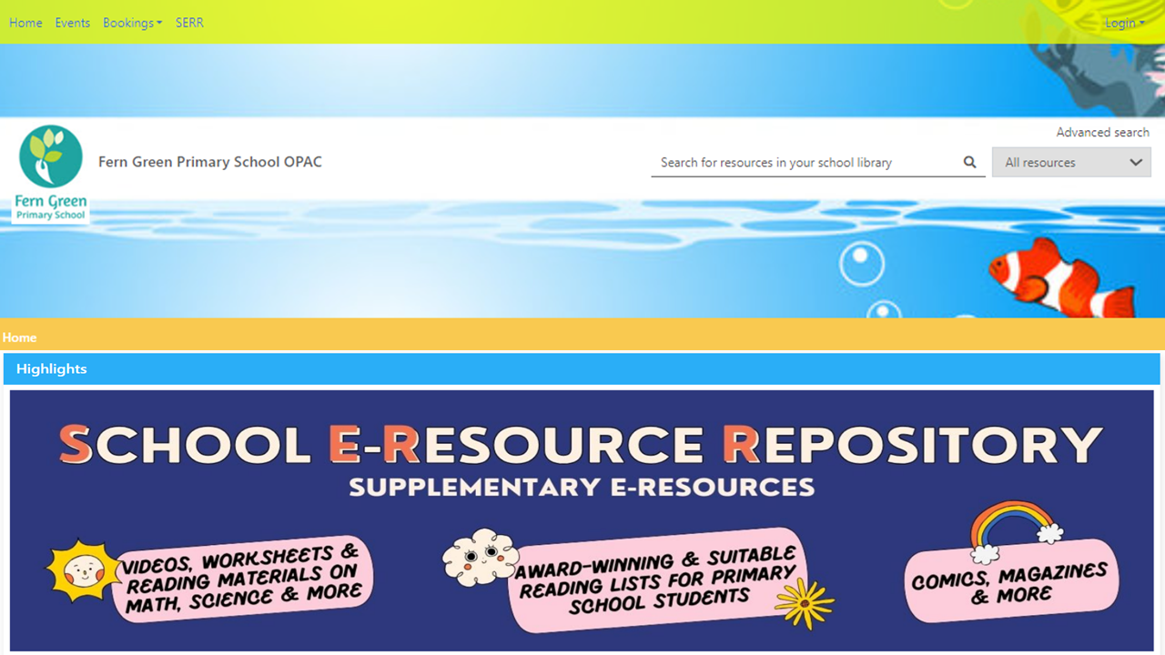 Fern Green Primary School OPAC website homepage with search bar and School E-Resource Repository banner below.