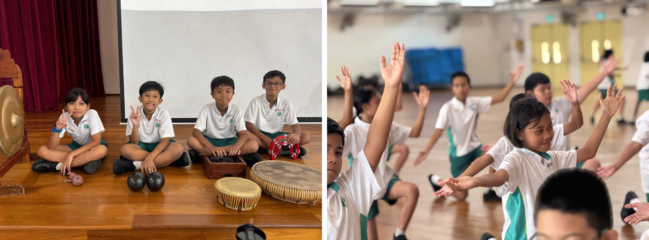 Four children sit with traditional drums; right shows uniformed students raising hands during a dance or movement activity.