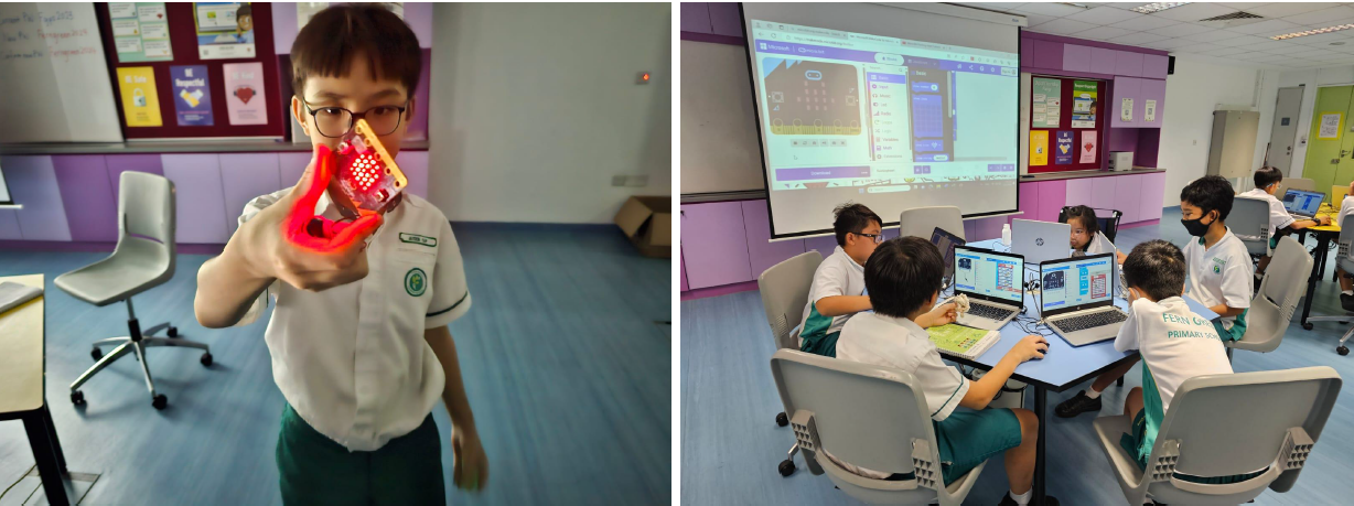 A boy holds a glowing red device; nearby, students in uniform work on laptops in a classroom with a projected screen.