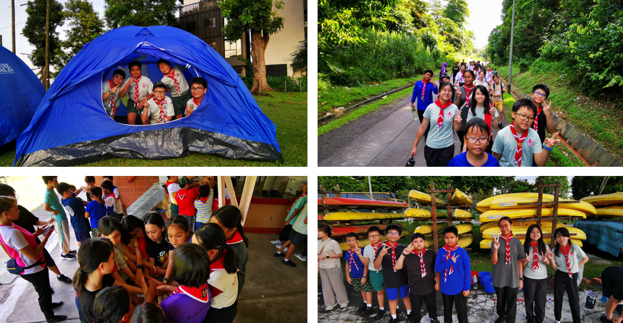 Four scout activity scenes: kids in a blue tent, hiking a trail, doing a group activity, and posing near yellow kayaks.
