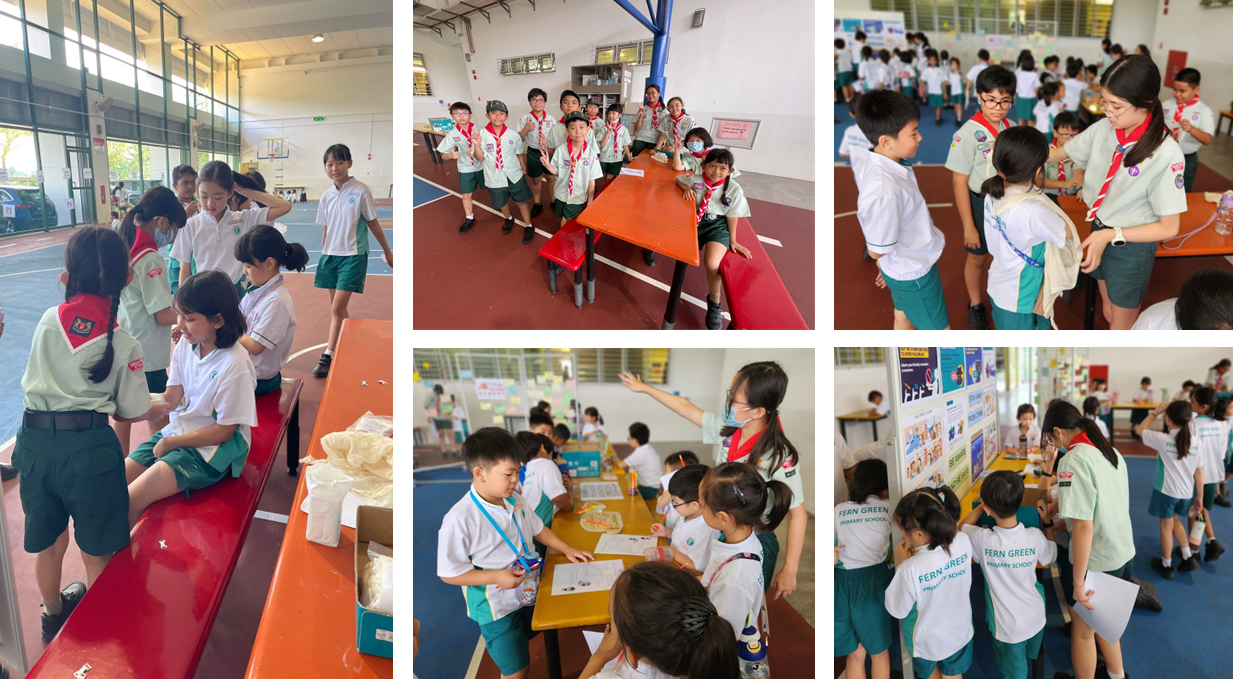 Primary school children in uniforms with red scarves participate in indoor activities across five collaged photos.