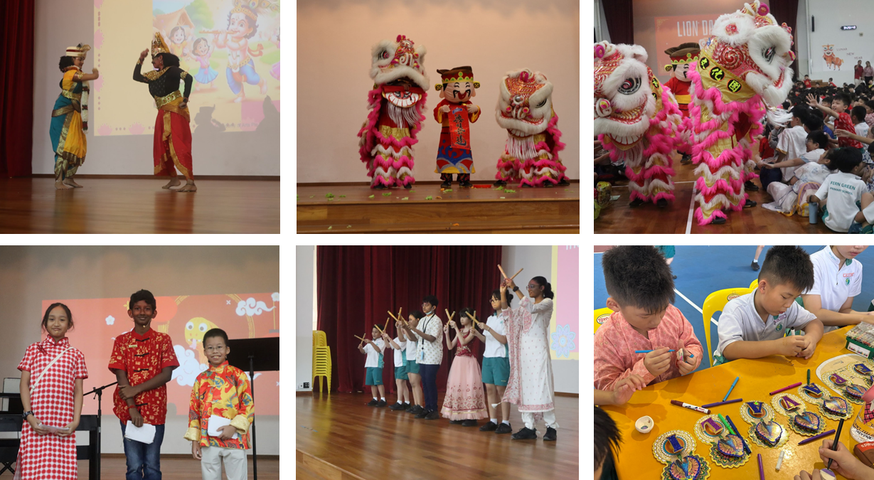 Six photos show children celebrating multicultural festivals with lion dances, traditional costumes, stick performances, and craft activities.