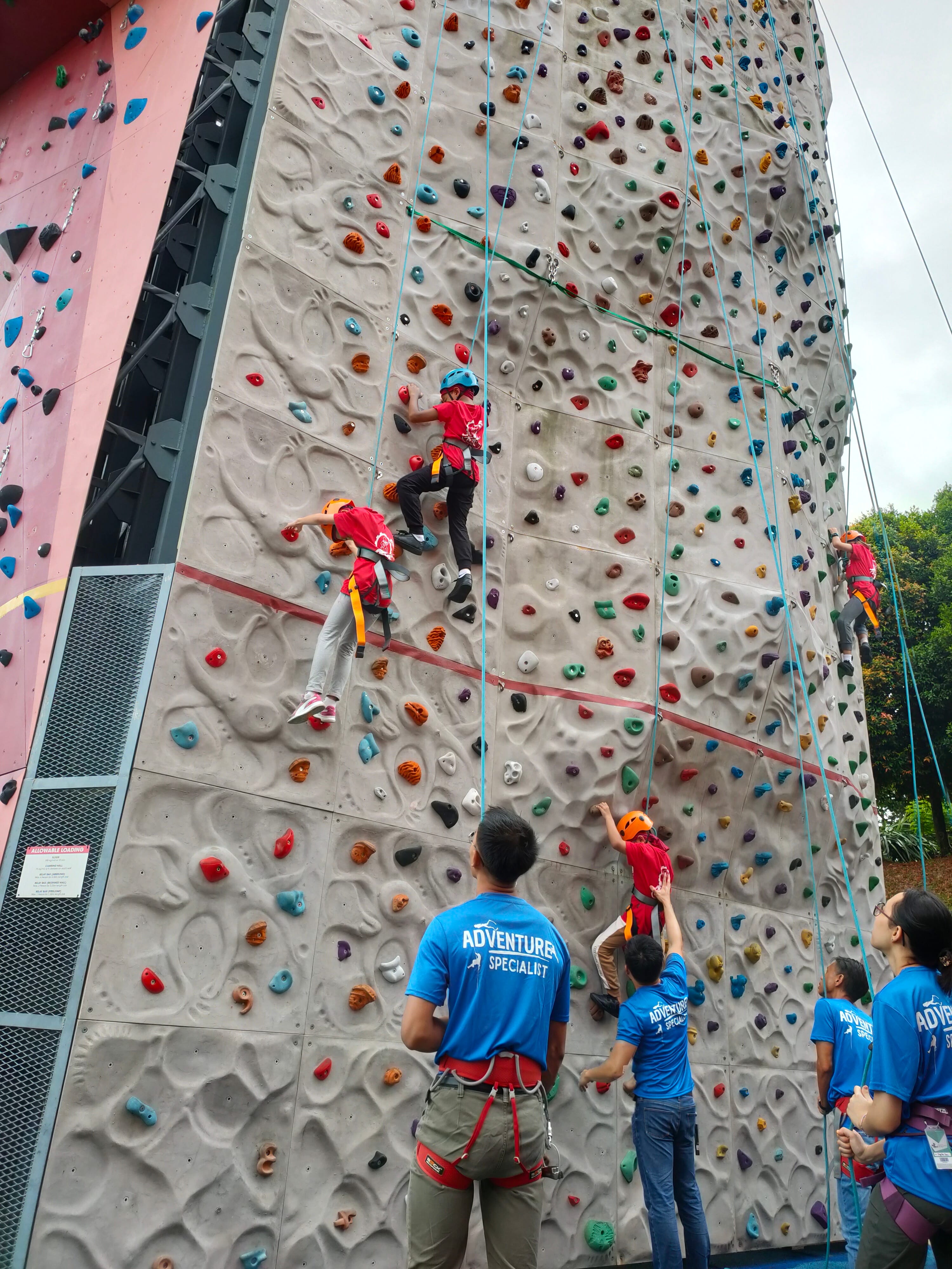 Several children in red shirts and helmets climb a tall outdoor wall while Adventure Specialist instructors in blue watch below.