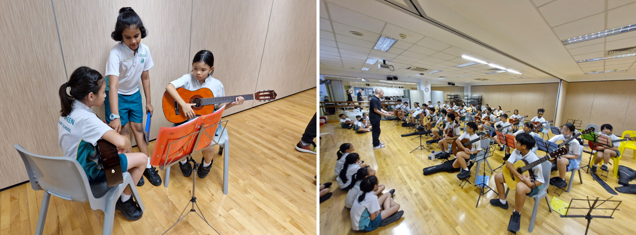 Students in school uniforms practice guitar with music stands in two settings: a small group and a large classroom.