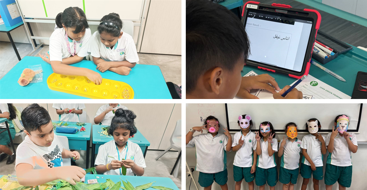 Four school activity scenes: kids sorting beads, using a tablet, crafting with leaves, and posing in animal masks.