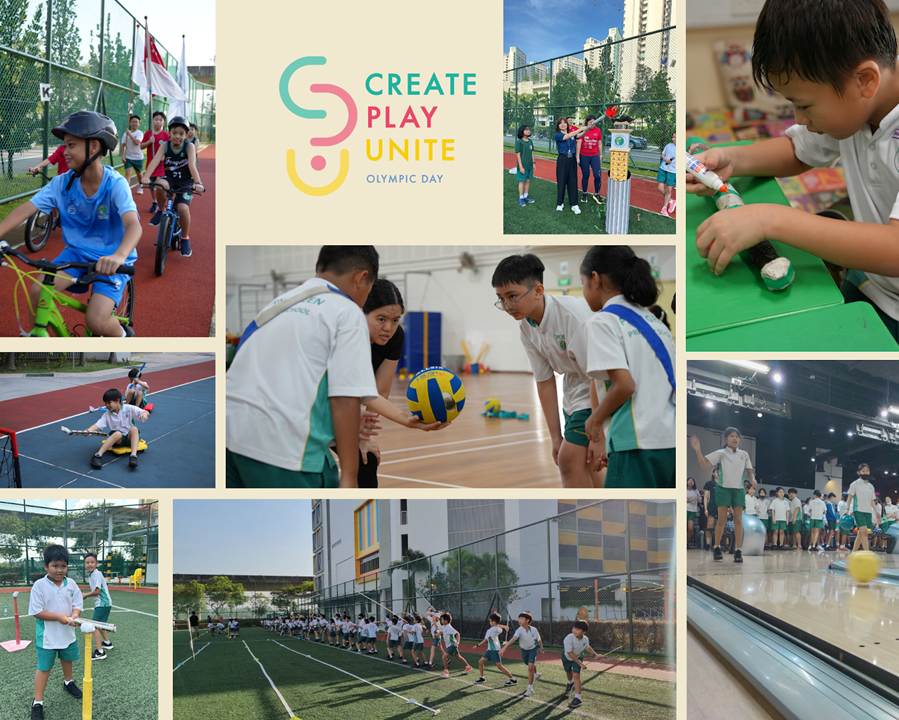 Collage of school children taking part in Olympic Day activities including cycling, volleyball, and track events.