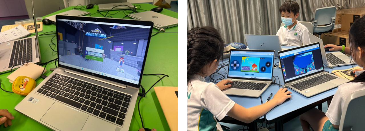 Students using laptops showing Minecraft Education and coding games at green and blue classroom tables.