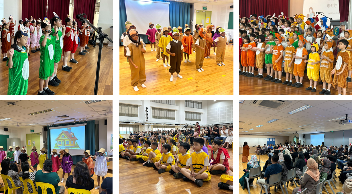 Six photos of a school play with children in animal and character costumes performing on a wooden stage floor.
