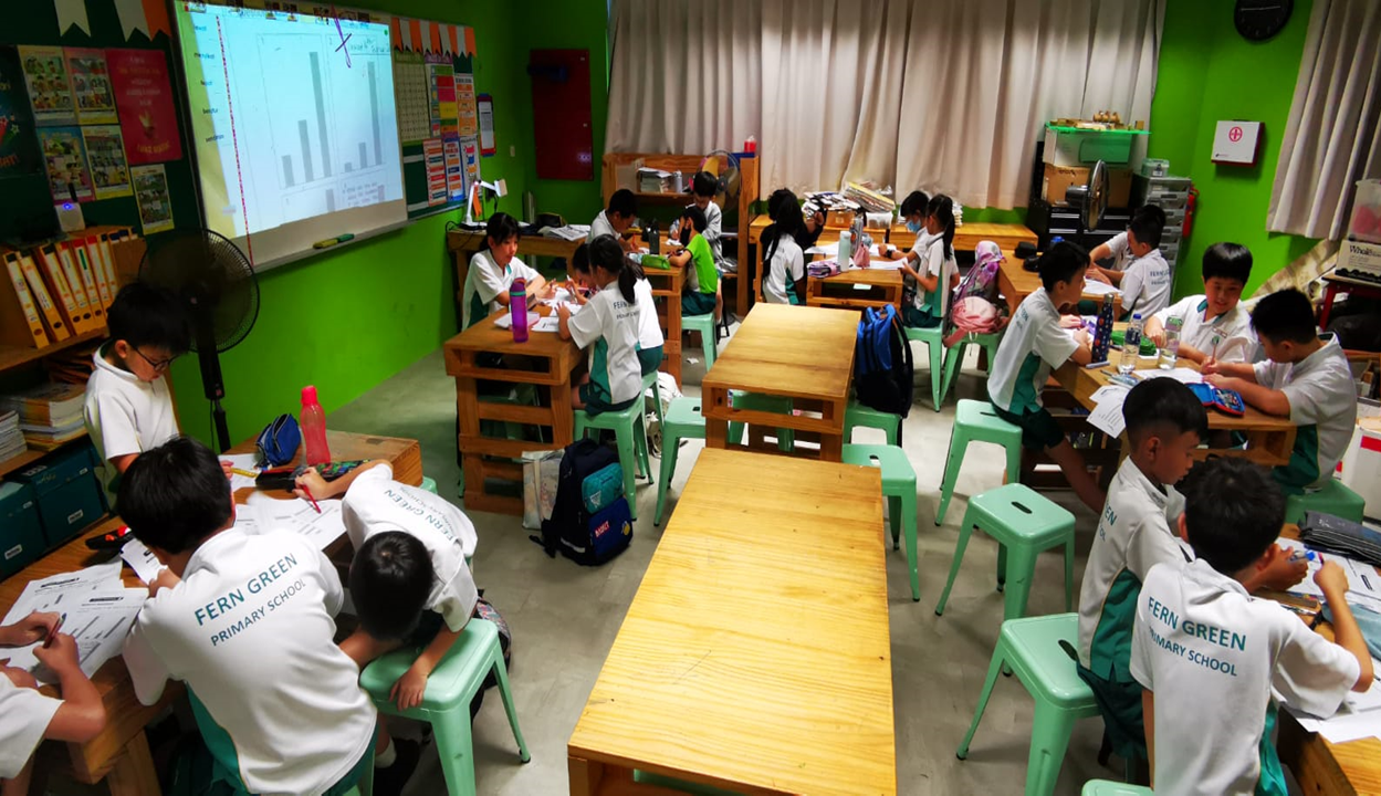 P4 E2K students did group discussions to brainstorm how to solve math puzzles involving addition and multiplication towers.