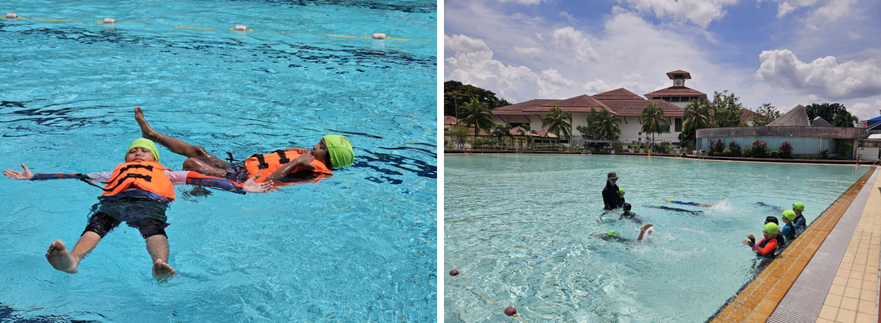 Two children in orange life vests float in a pool; right photo shows kids in green caps taking a swim lesson outdoors.