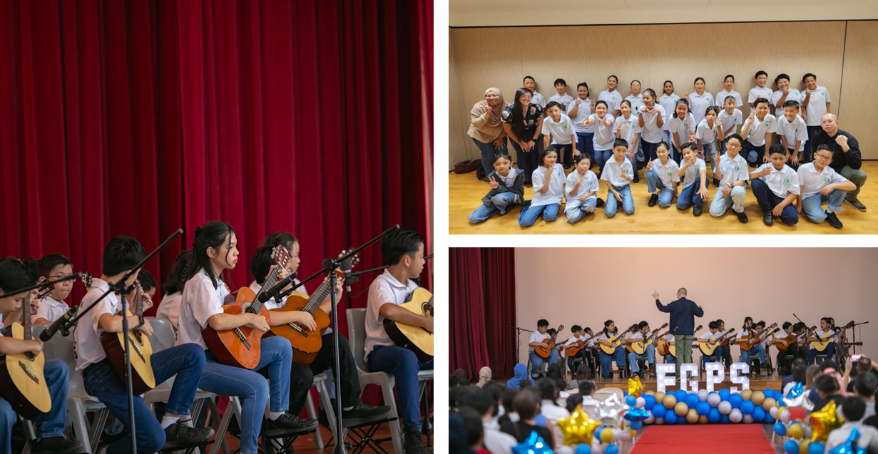 Students in white uniforms play guitars on stage, pose for a group photo, and perform at an FGPS school event.